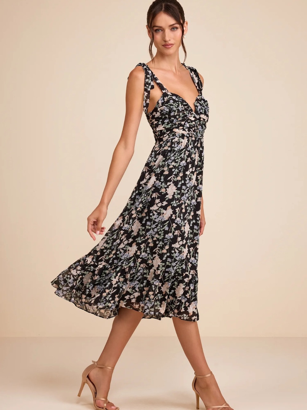 Lulu's Black Midi Dress with Pale Pink Floral Print - Picture 2 of 5
